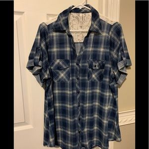 Fitted plaid top w/ lace accents